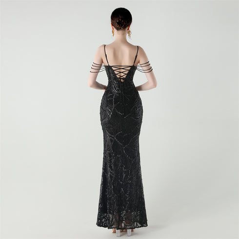 Graceful Sequin Embellished Mesh Mermaid Maxi Dress
